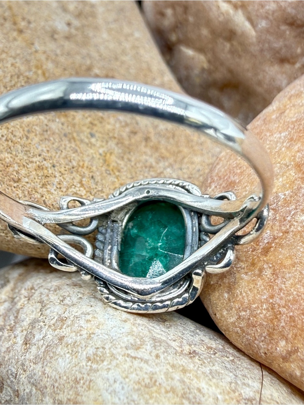 Sterling Silver Emerald Green Gemstone Ring Size9 Signed 925 NWOT Southwest Boho - Picture 12 of 17